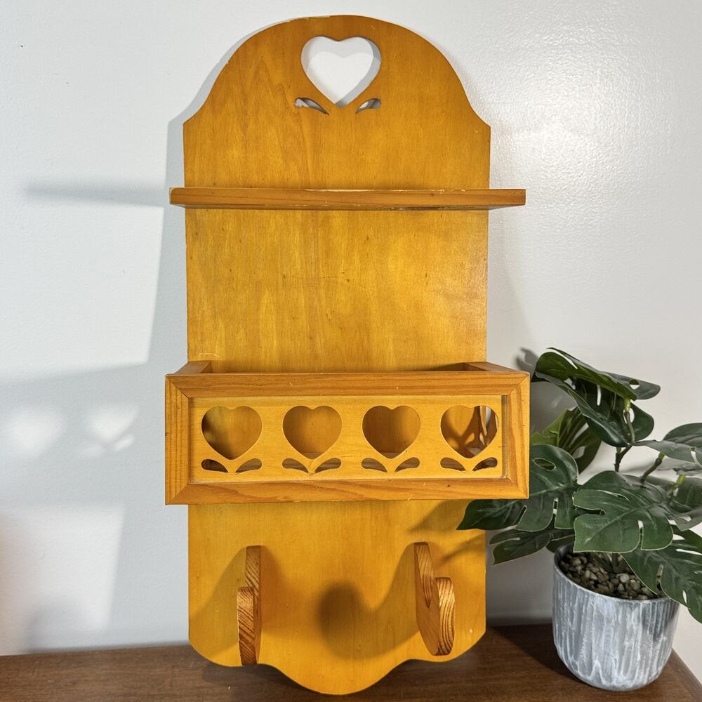 Wooden Wall Mount Organizer Shelf with Hearts & Hooks - Vanity Bathroom Storage